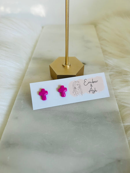 Cross Studs Fuchsia Pink